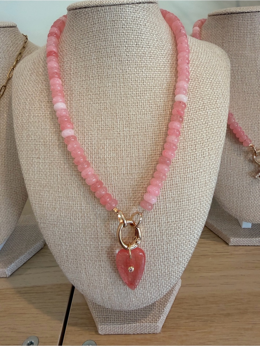 Pink Semi-precious beaded Heart Pendant Necklace - Women Jewelry